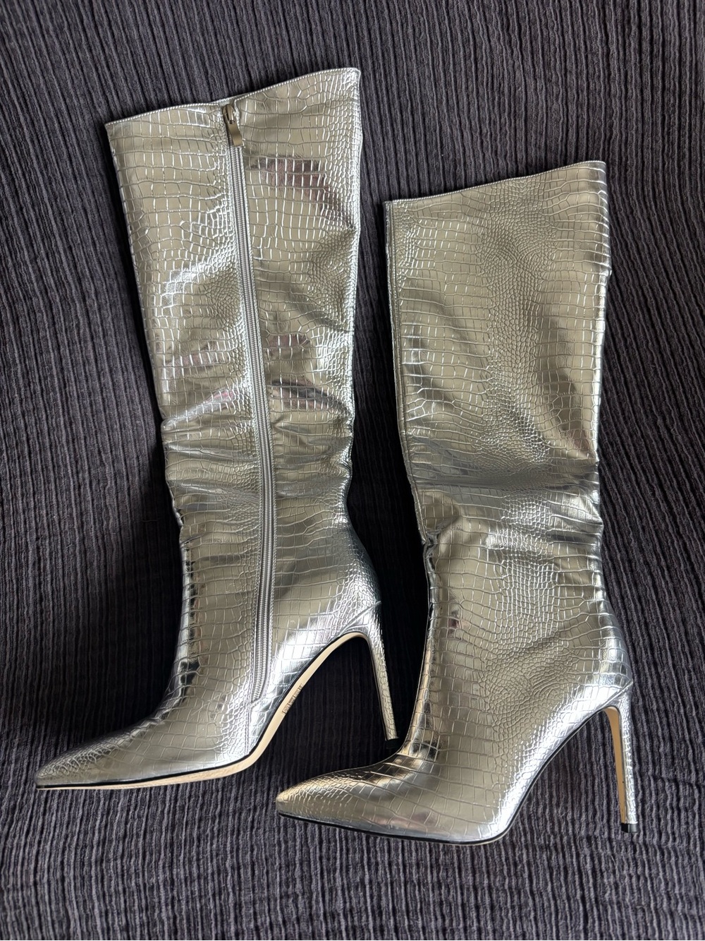 Silver Croc-Embossed Stiletto Knee Boots - Women's
